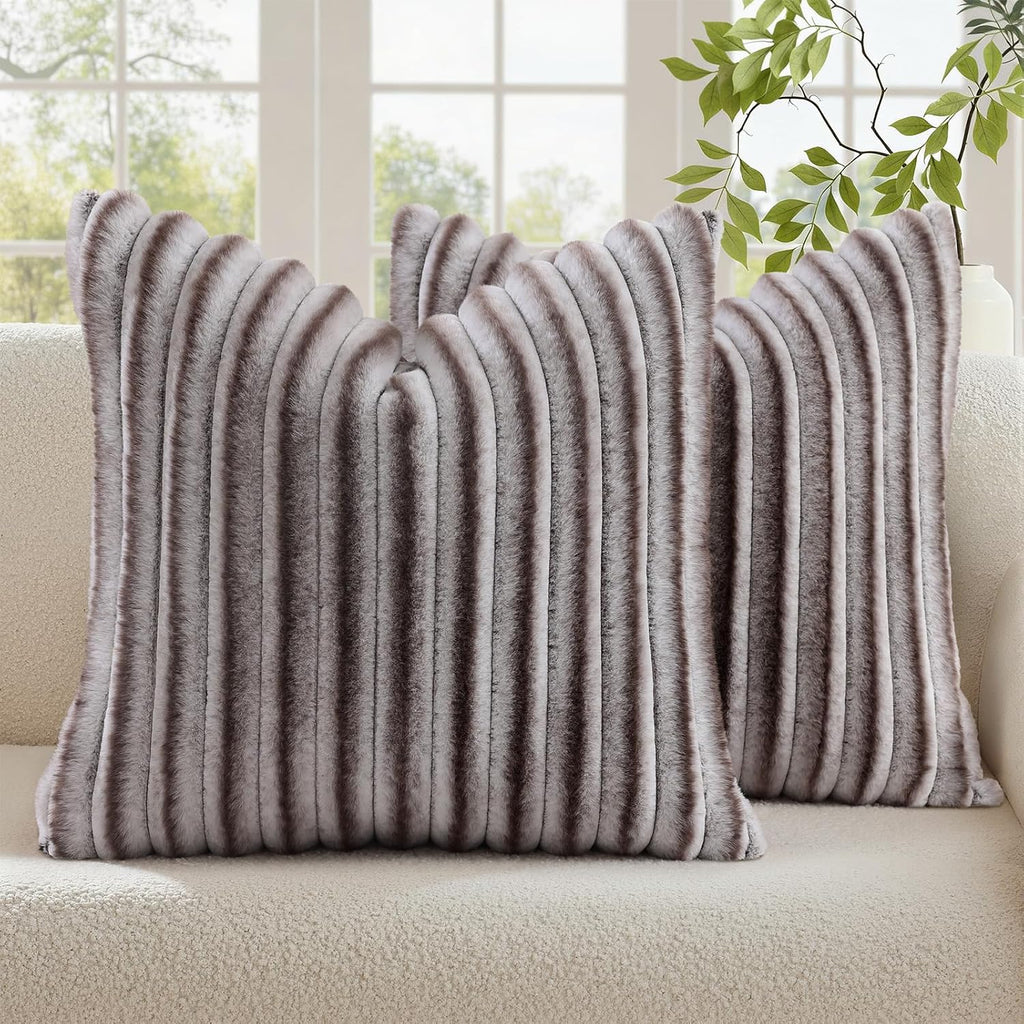 decorUhome Fall Faux Fur Throw Pillow Covers 18x18 Set of 2 Brown White