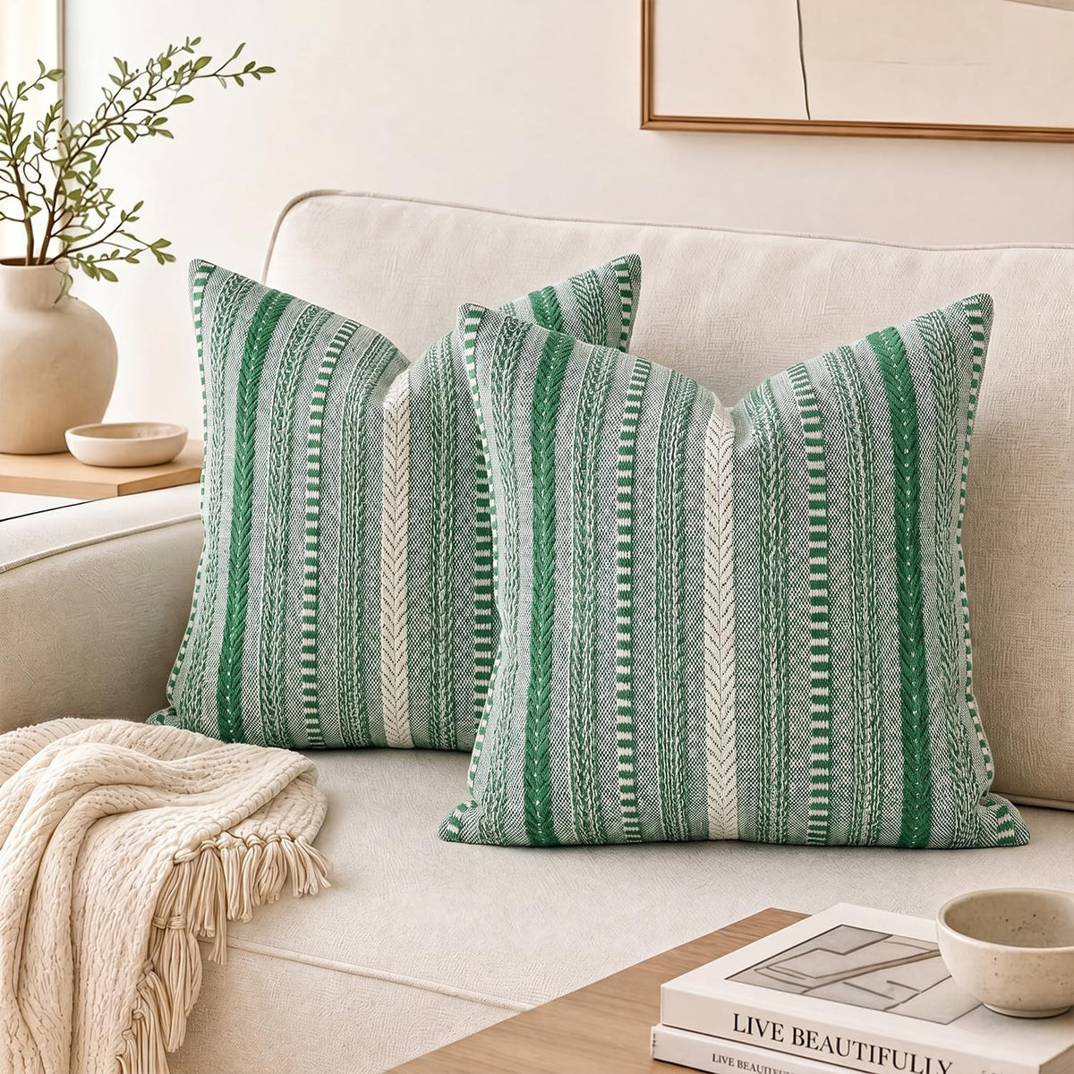 AVOIN colorlife Black Boho Decorative Throw Pillow Covers Set of 2, 18 x 18 Inch Woven Stripe Textured Rustic Cushion Case Home Decor for Living Room Couch Sofa