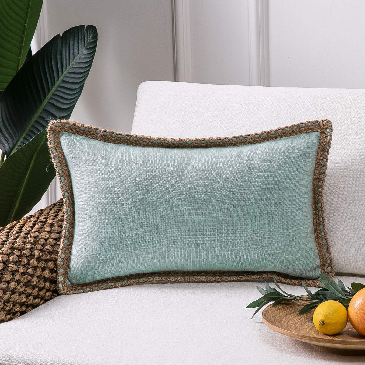 Phantoscope Pack of 2 Coastal Aqua Pillow Covers 18x18, Textured Polyester with Rope Trim, Fade Resistant Vintage Turquoise Blue Decorative Cushion Cases, Hidden Zipper, Farmhouse Boho Beach Decor