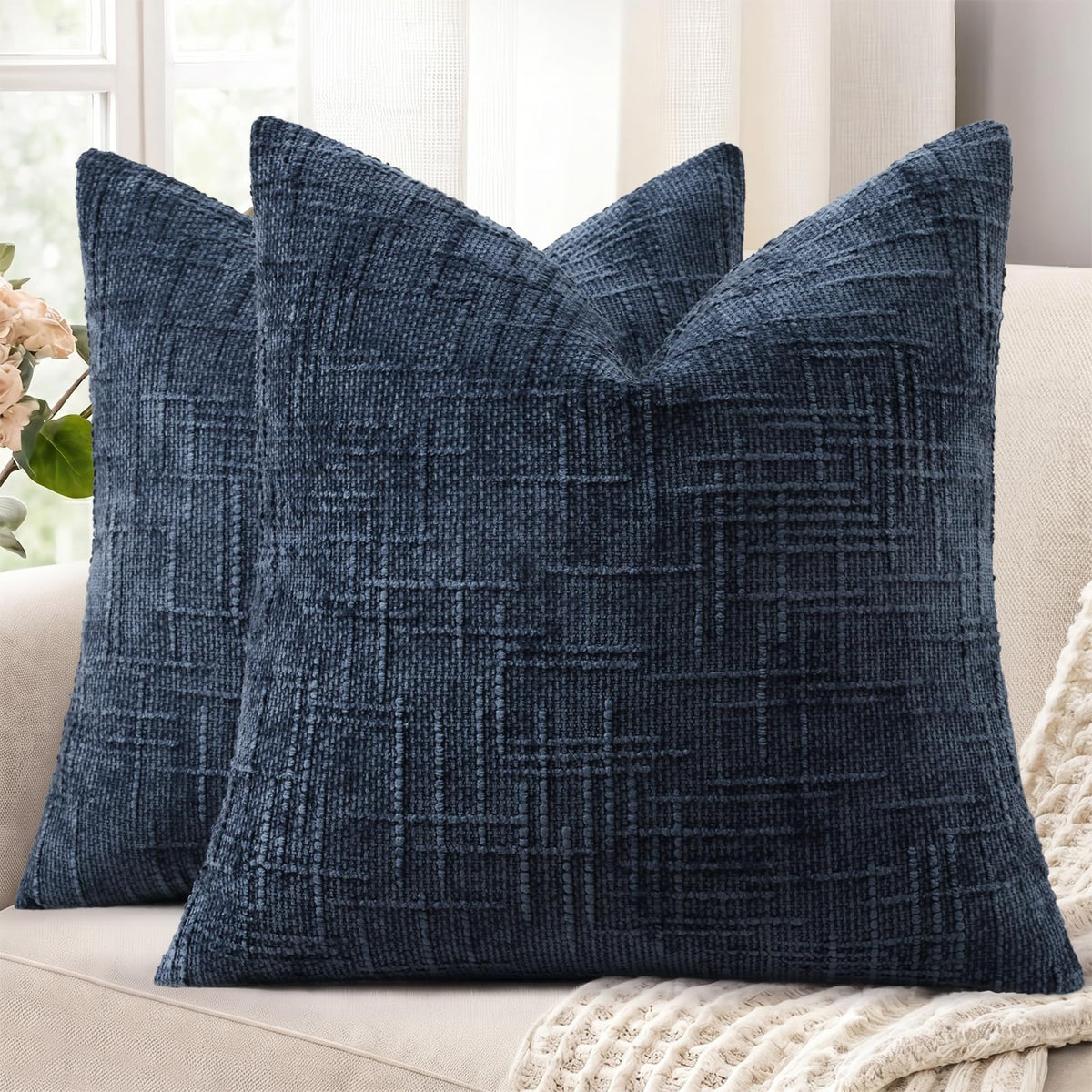 decorUhome Textured Chenille Throw Pillow Covers 18x18 Set of 2 Ivory