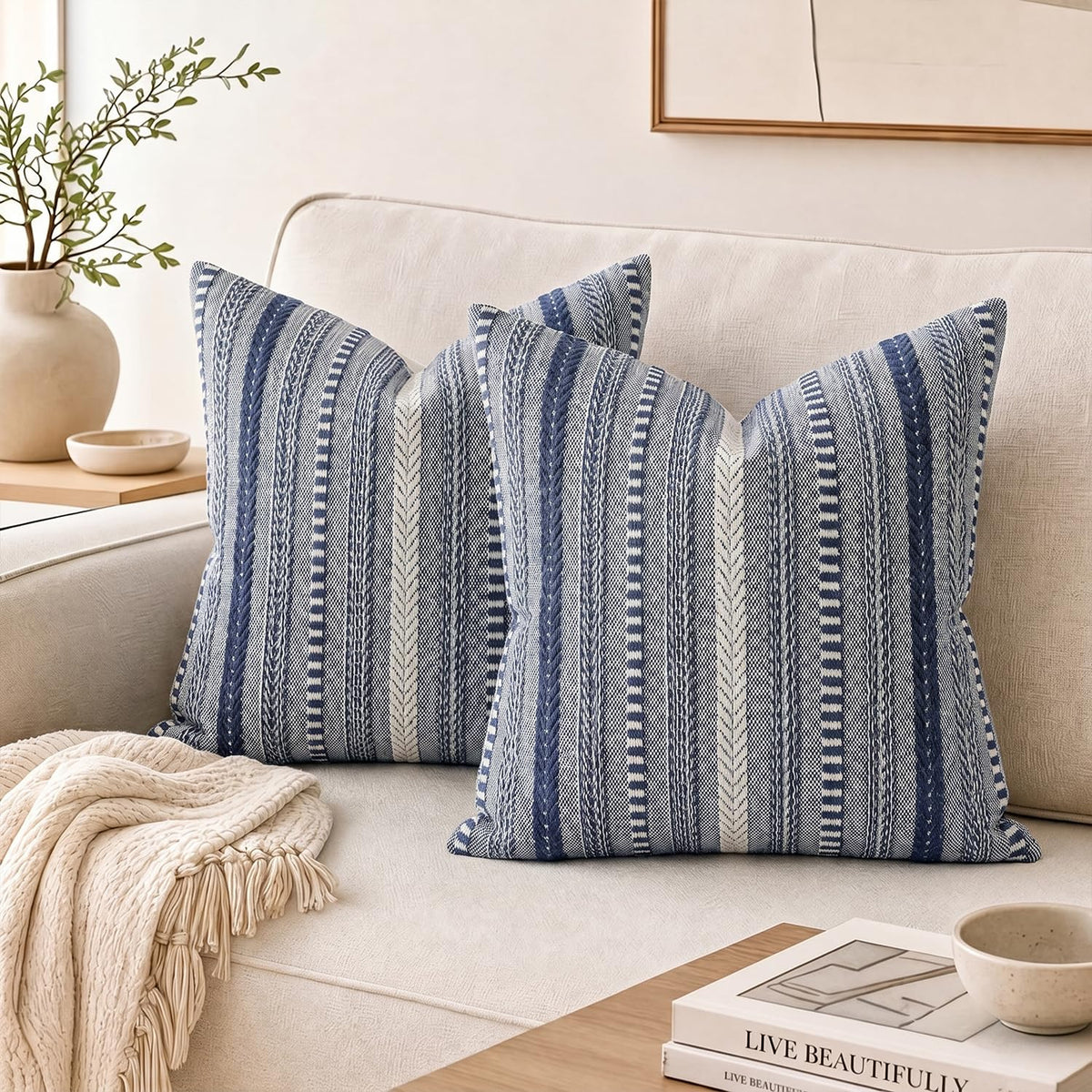 AVOIN colorlife Black Boho Decorative Throw Pillow Covers Set of 2, 18 x 18 Inch Woven Stripe Textured Rustic Cushion Case Home Decor for Living Room Couch Sofa