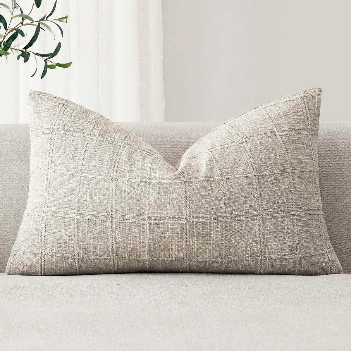 Foindtower Set of 1 Decorative Linen Check Throw Pillow Cover Neutral Farmhouse Lumbar Cushion Cover Modern Boho Home Decor for Sofa Chair Couch Bedroom Living Room,12×20 Inch,Olive Green