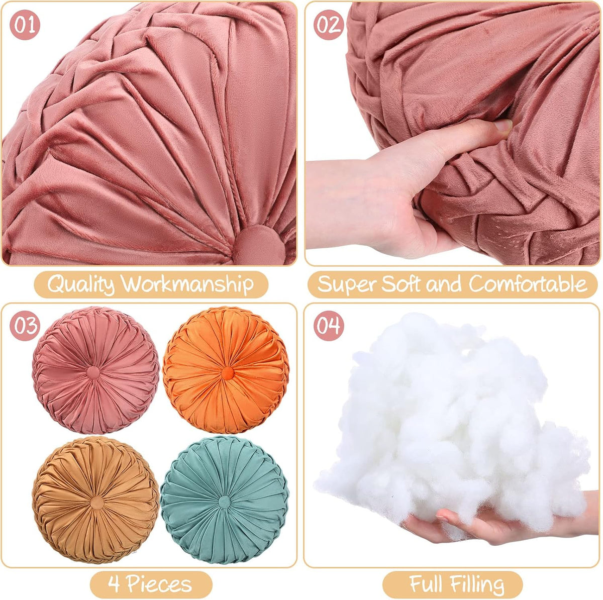 Kathfly 4 Pcs Round Throw Pillows Velvet Pleated Pillows, Vintage Colors
