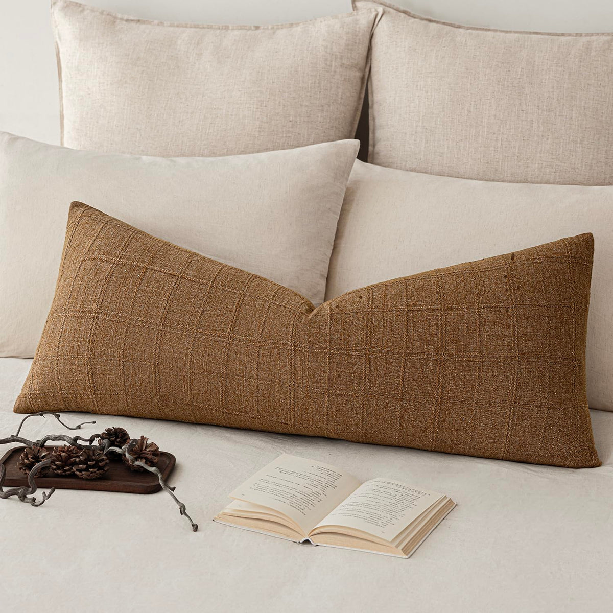Foindtower Set of 1 Decorative Linen Check Throw Pillow Cover Neutral Farmhouse Lumbar Cushion Cover Modern Boho Home Decor for Sofa Chair Couch Bedroom Living Room,12×20 Inch,Olive Green