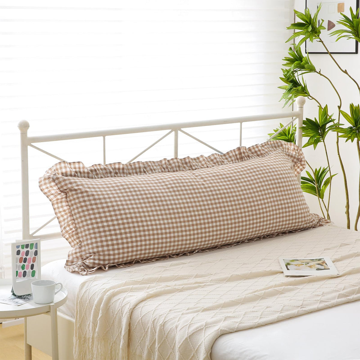 2 Pack Taupe White Gingham Ruffle Throw Pillow Covers 18''x18''