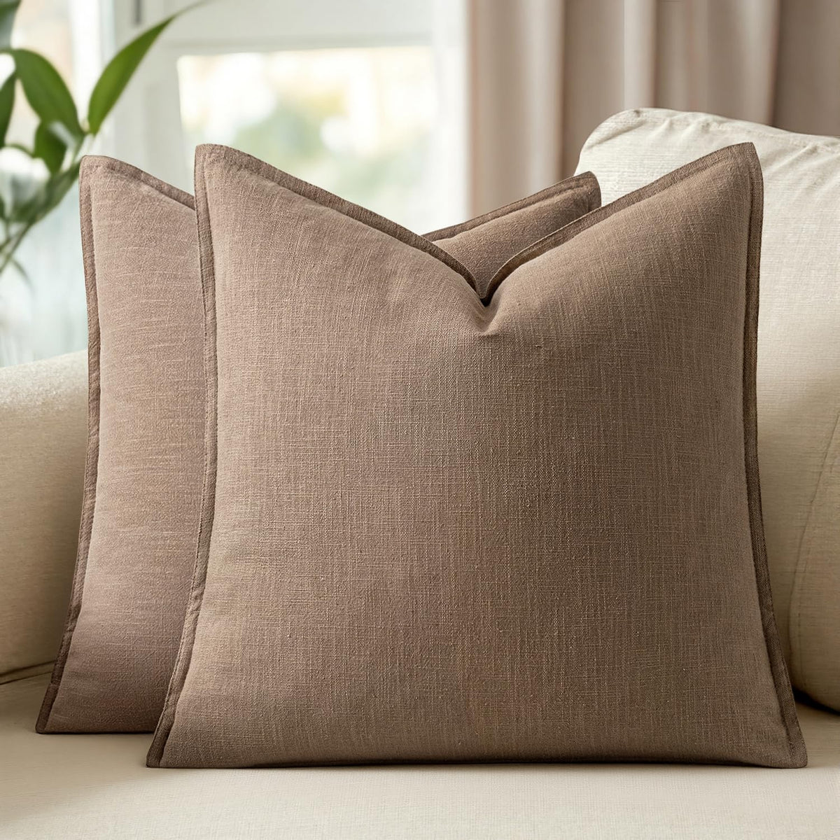 Set of 2 Linen Solid Throw Pillow Covers 20x20 Inch Dark Olive Green