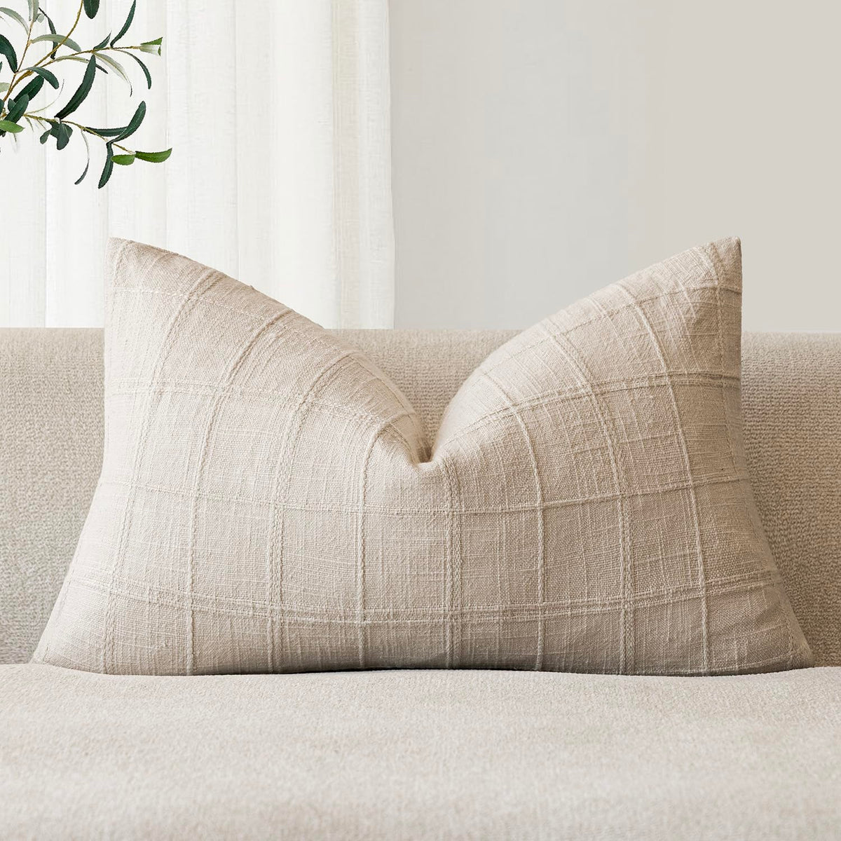 Foindtower Set of 1 Decorative Linen Check Throw Pillow Cover Neutral Farmhouse Lumbar Cushion Cover Modern Boho Home Decor for Sofa Chair Couch Bedroom Living Room,12×20 Inch,Olive Green