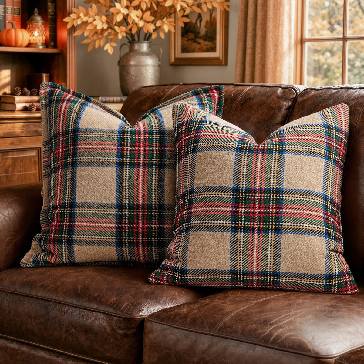 MIULEE Fall Plaid Pillow Covers 18x18 Khaki Fall Decorations for Home
