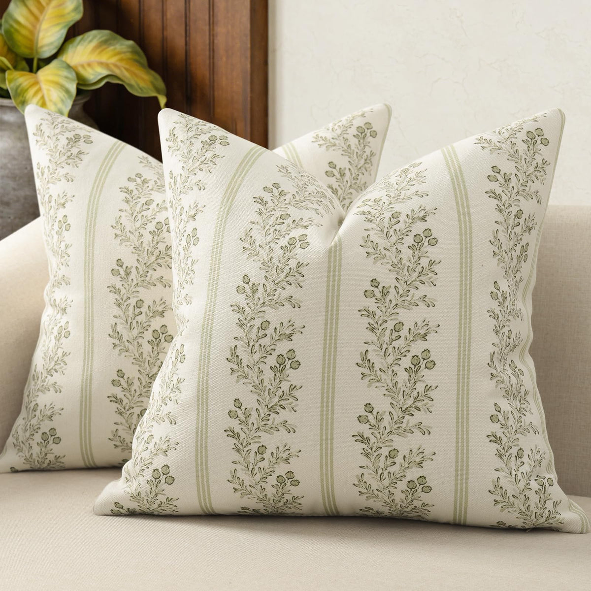 Vintage Throw Pillow Covers 20x20 Set of 2, Striped Floral Pillow Cover Botanical Patterned Decorative Cushion Covers Modern Farmhouse Home Decor for Sofa Couch Bed Living Room, Light Blue