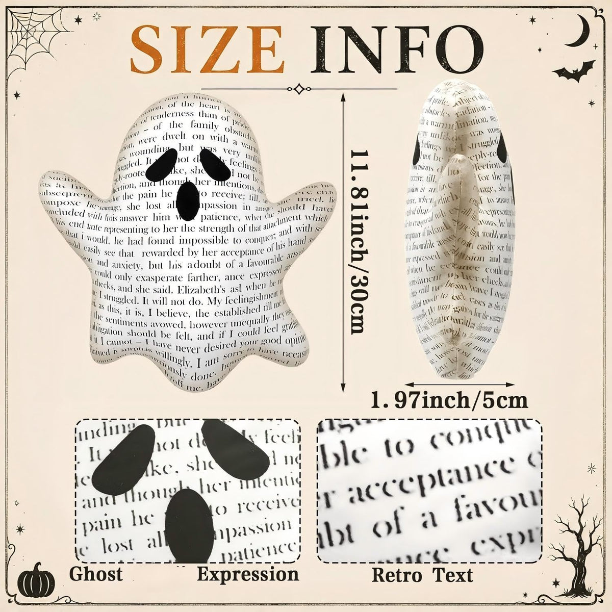 RattanView Ghost Halloween Pillow Vintage Book Page Plush Throw Decor