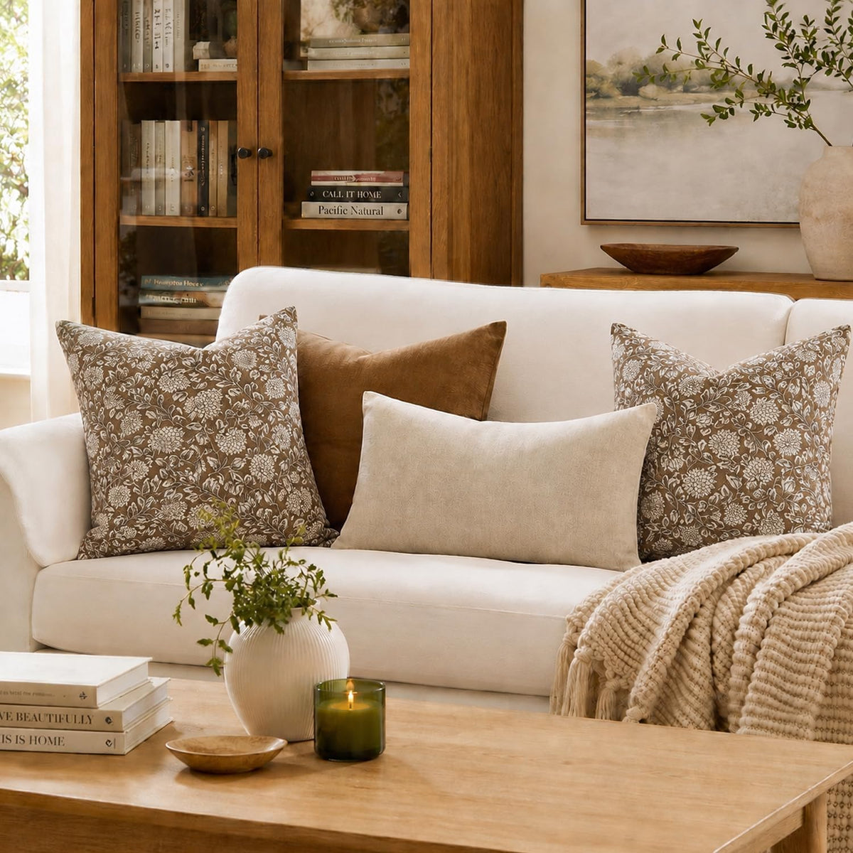 Vintage Floral Pillow Covers 18x18 Set of 2, Dahlia Botanical Block Print Style Pillow Cover Polycotton Cushion Case, Farmhouse Decor Throw Pillow for Sofa Couch Bedroom Home, Warm Brown