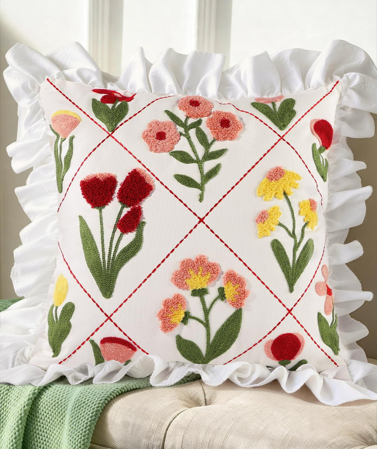 Embroidered Throw Pillow Cover, 18x18 Inch, Fall Abstract Floral
