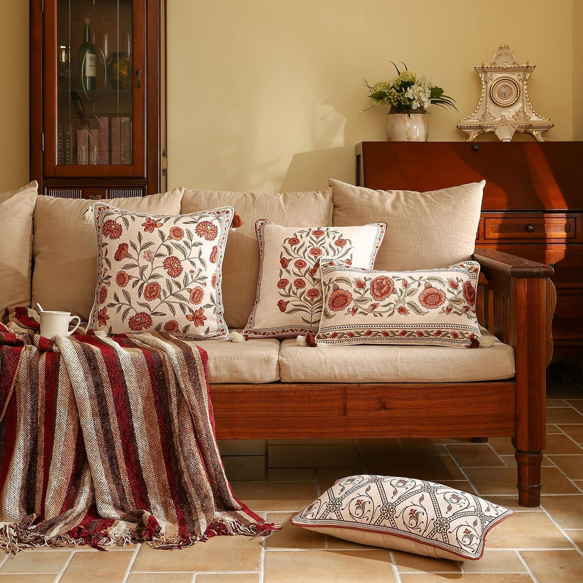 ISAENNE Vintage Elegant Linen Square Throw Pillow Cover,18"x18"-Albano A