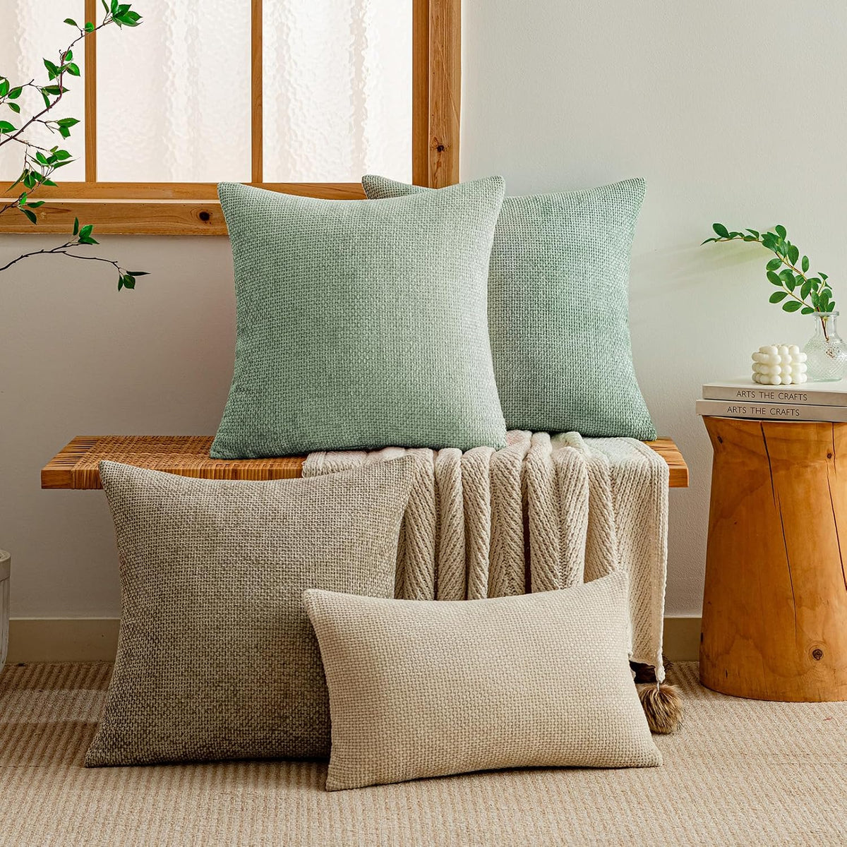 a moment Light Green Chenille Throw Pillow Covers 20x20 Inch Pack of 2 Modern Decorative Throw Pillow Covers Farmhouse Cross Covers Home Decor for Sofa Bedroom Living Room Spring