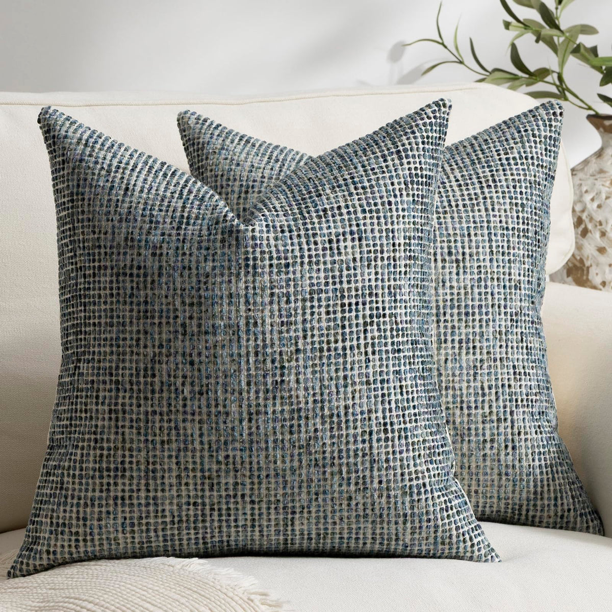 Pack of 2 Neutral Throw Pillow Covers 18x18 Boho Textured Dots Stripe Chenille Square Decorative Pillow Cases Accents for Living Room Couch Bed Farmhouse Home Decor, Taupe