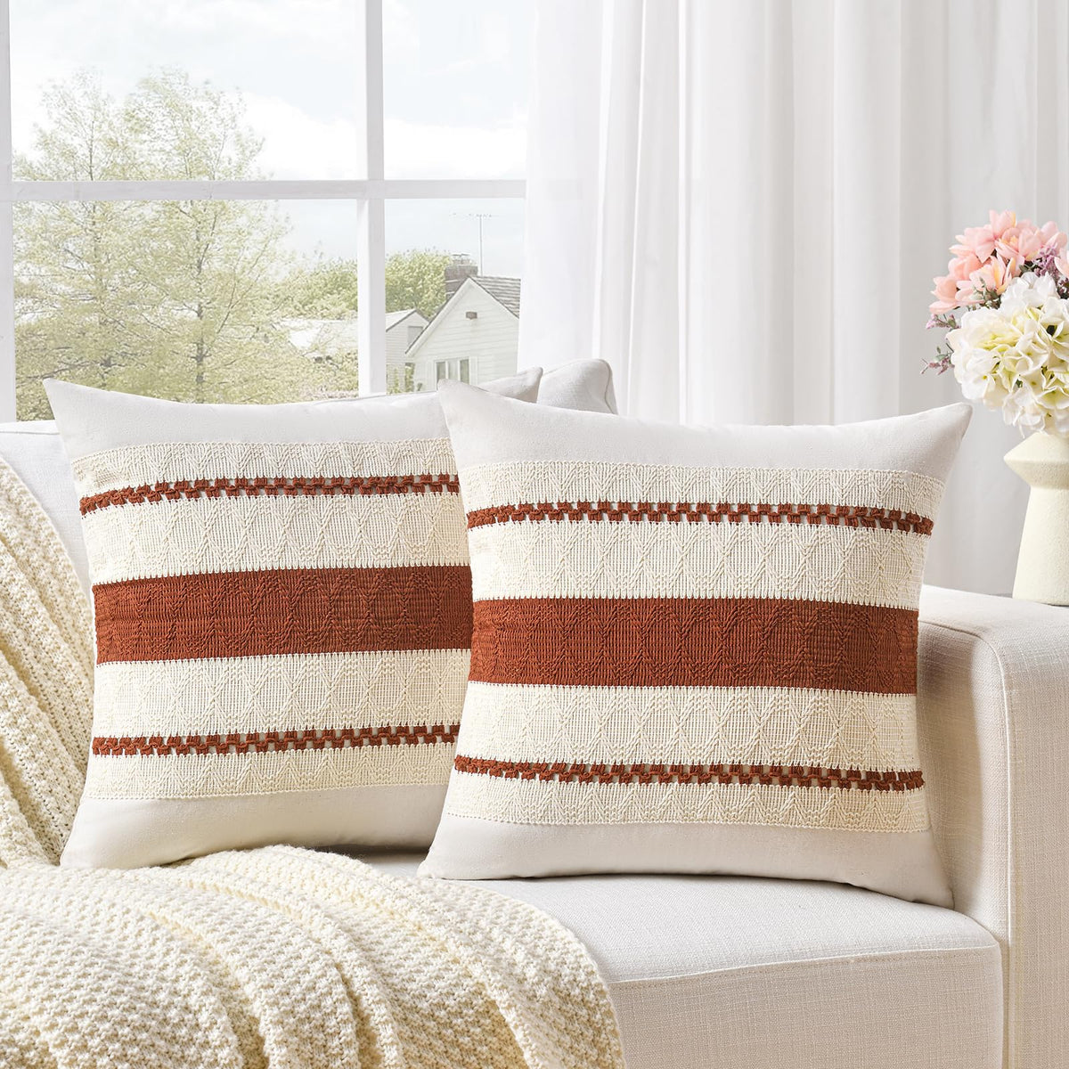 Fancy Homi Set of 2 Boho Olive Green Decorative Throw Pillow Cover 18x18 Inch for Couch Bed Sofa, Aesthetic Modern Organic Farmhouse Home Decor, Soft Cotton Cute Accent Macrame Woven Cushion Case