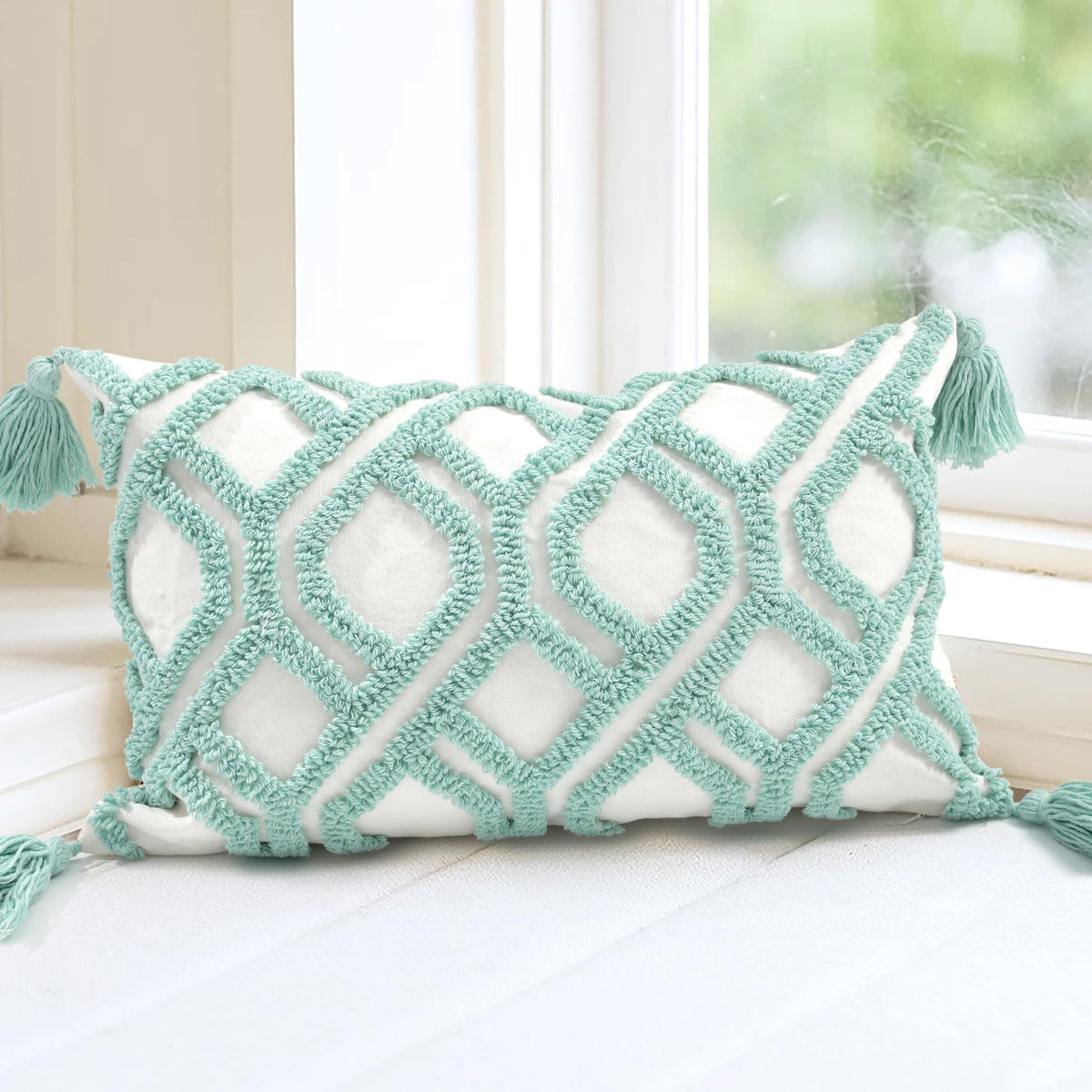 Boho Sofa Throw Pillow Covers – Exquisitely Crafted with Hand-Finished Tuft with Thick Cotton Tassel Details – Soft & Stylish Moroccan Decorative, 18x18inch (Spring Ruched)