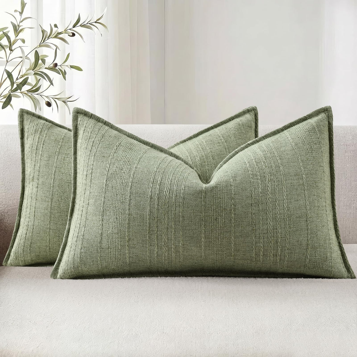 decorUhome Sage Green Textured Linen Throw Pillow Covers 18x18 Set of 2