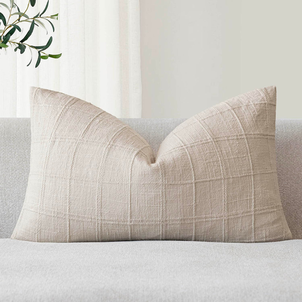 Foindtower Set of 1 Decorative Linen Check Throw Pillow Cover Neutral Farmhouse Lumbar Cushion Cover Modern Boho Home Decor for Sofa Chair Couch Bedroom Living Room,12×20 Inch,Olive Green
