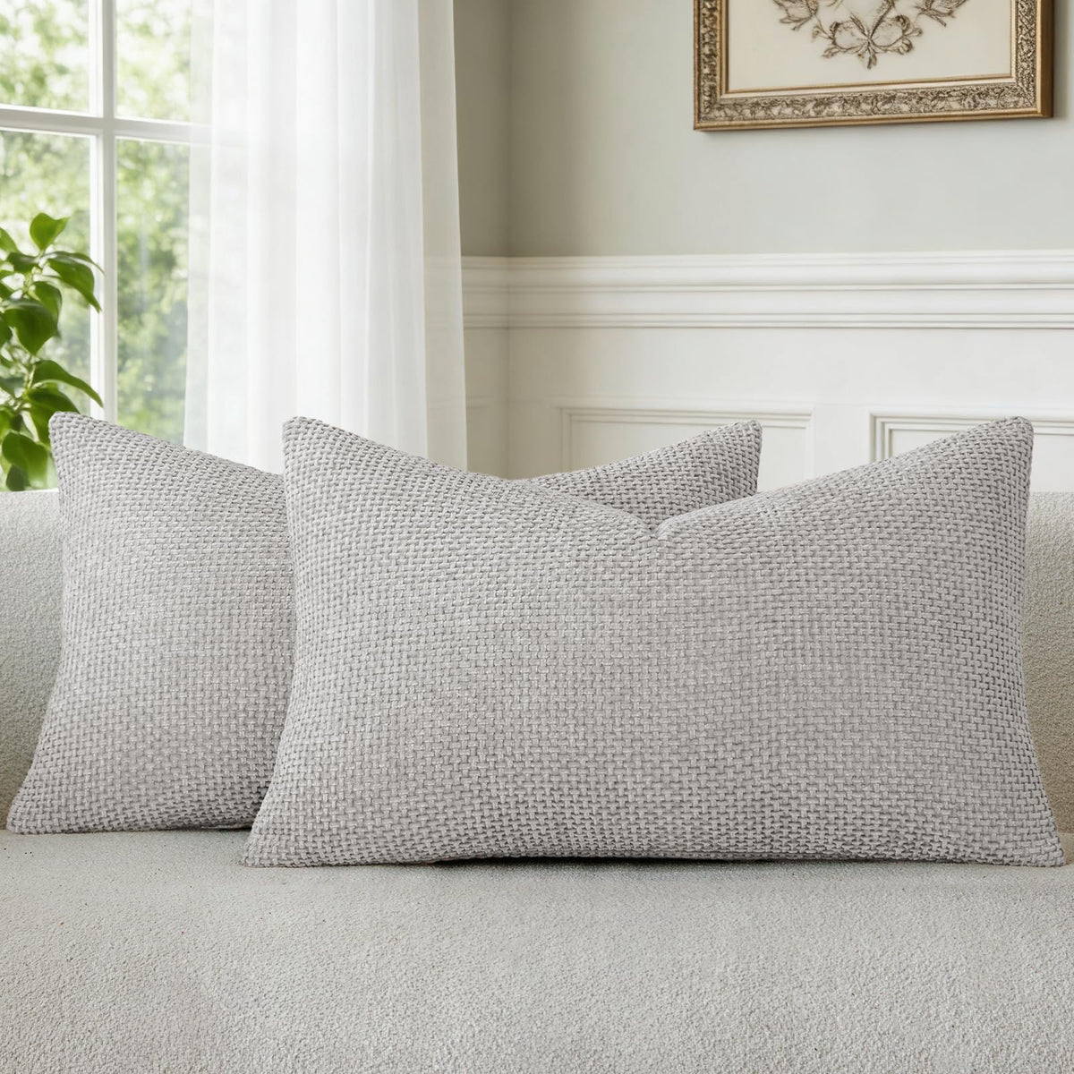 a moment Grey-Beige Chenille Throw Pillow Covers 16x16 Inch Pack of 2 Modern Decorative Throw Pillow Cases Farmhouse Cross Throw Pillowcases Home Decor for Sofa Bedroom Living Room