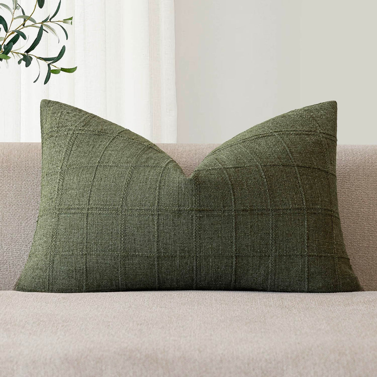 Foindtower Set of 1 Decorative Linen Check Throw Pillow Cover Neutral Farmhouse Lumbar Cushion Cover Modern Boho Home Decor for Sofa Chair Couch Bedroom Living Room,12×20 Inch,Olive Green