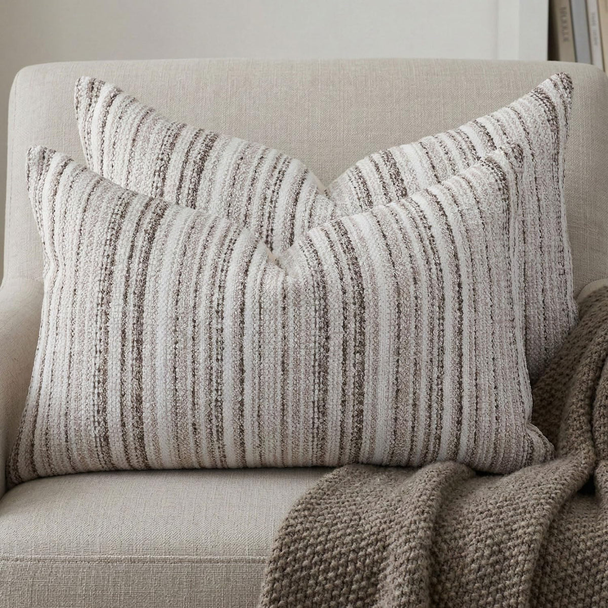 Set of 2 Striped Chenille Throw Pillow Covers 18x18 Inches Premium Plush Textured Decorative Cushion Covers Reinforced Hidden Zipper Mid-Century Modern Farmhouse Decor for Couch Sofa Beige