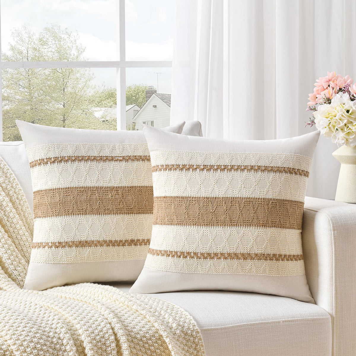 Fancy Homi Set of 2 Boho Olive Green Decorative Throw Pillow Cover 18x18 Inch for Couch Bed Sofa, Aesthetic Modern Organic Farmhouse Home Decor, Soft Cotton Cute Accent Macrame Woven Cushion Case