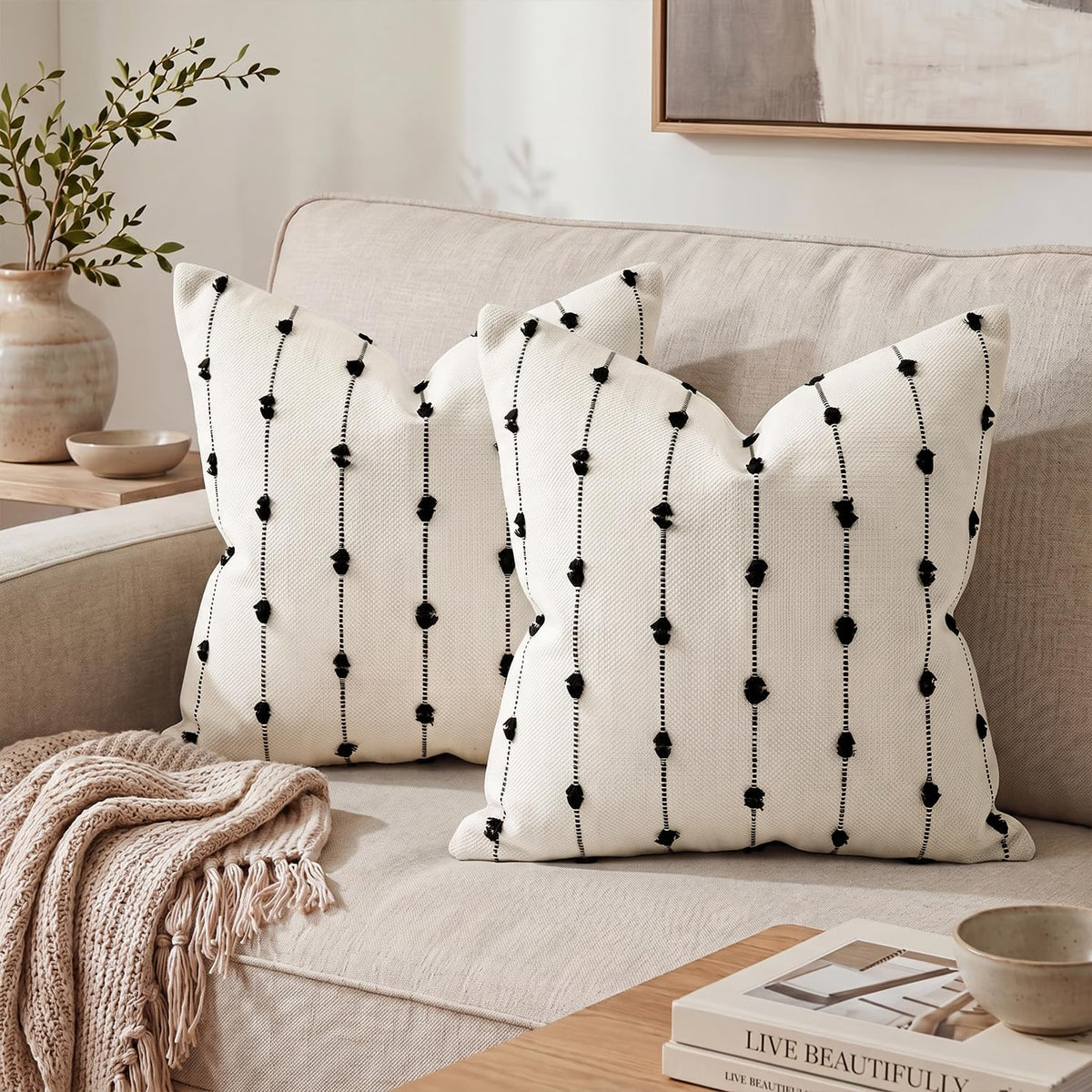 AVOIN colorlife Beige Black Boho Linen Throw Pillow Covers 18x18 Inch 2PC