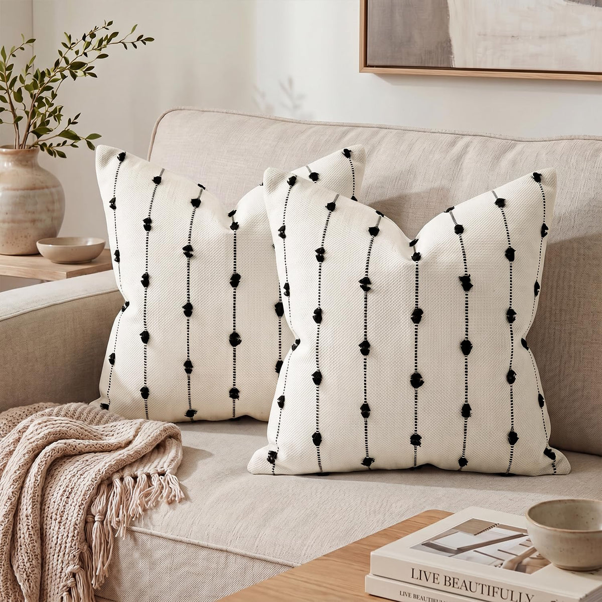 AVOIN colorlife Beige Black Boho Linen Throw Pillow Covers 18x18 Inch 2PC