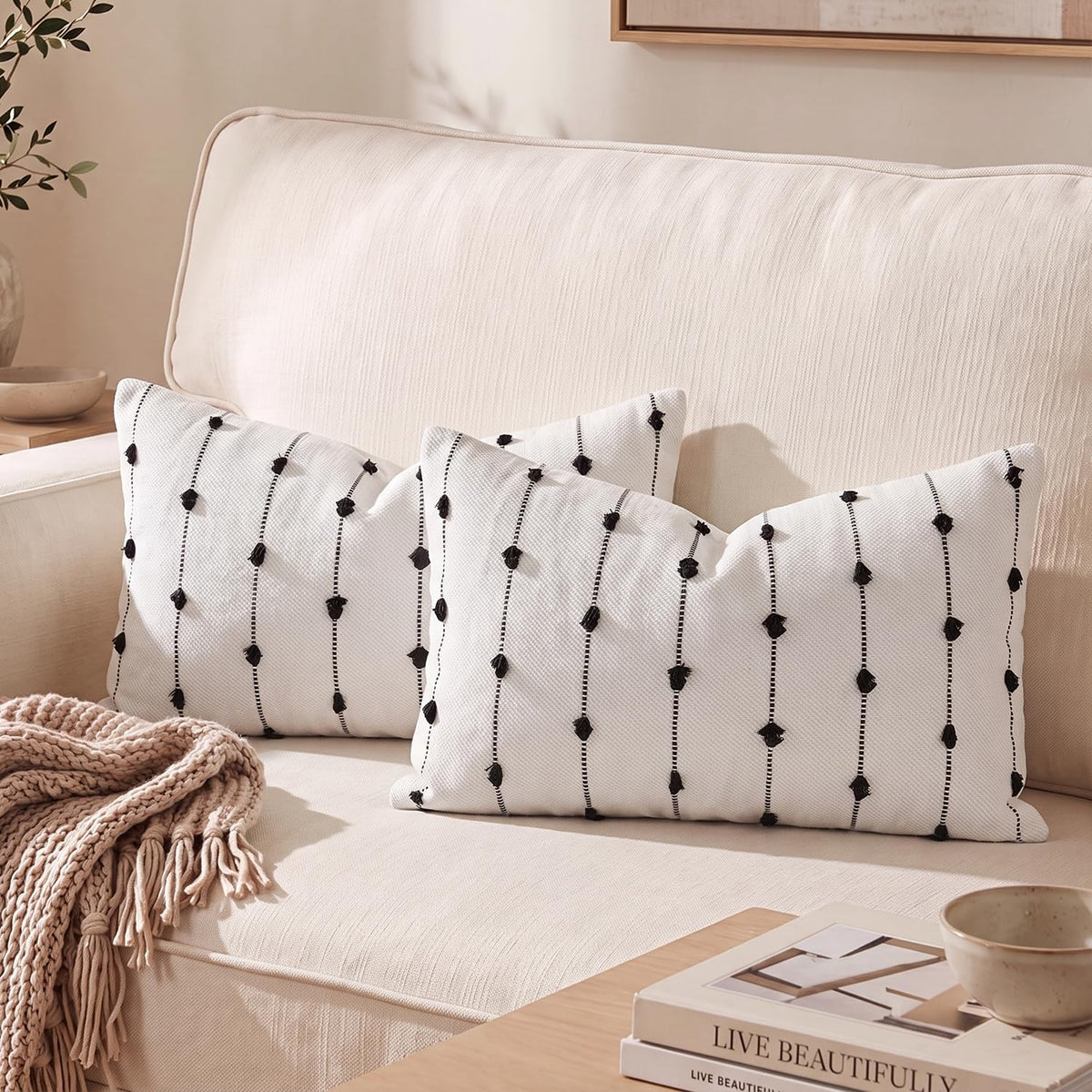 AVOIN colorlife Beige Black Boho Linen Throw Pillow Covers 18x18 Inch 2PC