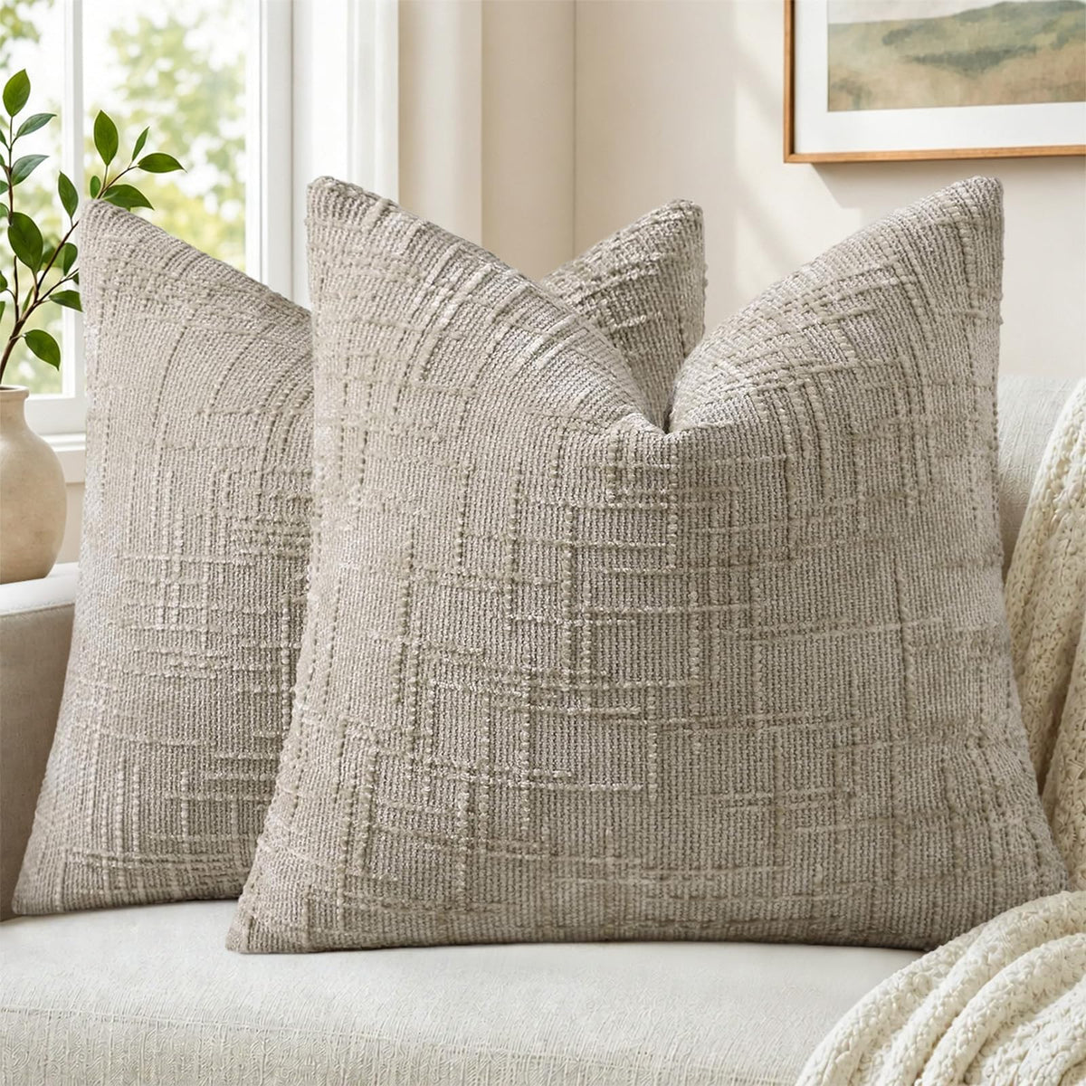 Pallene Cream White Textured Chenille Throw Pillow Covers 18x18 Set of 2