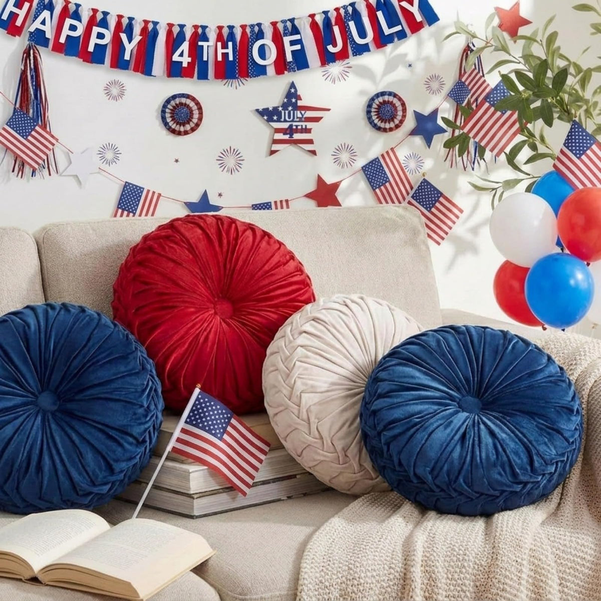 Kathfly 4 Pcs Round Throw Pillows Velvet Pleated Pillows, Vintage Colors