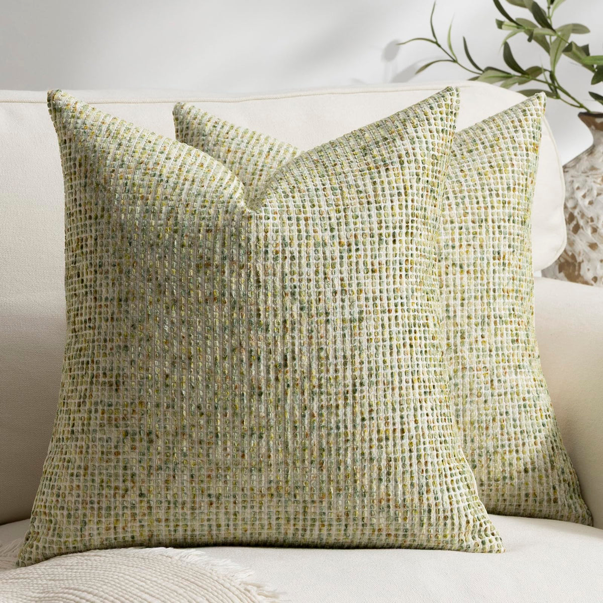 Pack of 2 Neutral Throw Pillow Covers 18x18 Boho Textured Dots Stripe Chenille Square Decorative Pillow Cases Accents for Living Room Couch Bed Farmhouse Home Decor, Taupe