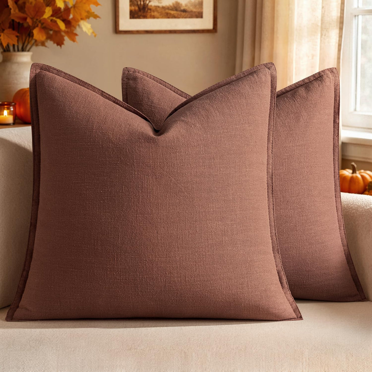 Set of 2 Linen Solid Throw Pillow Covers 20x20 Inch Dark Olive Green