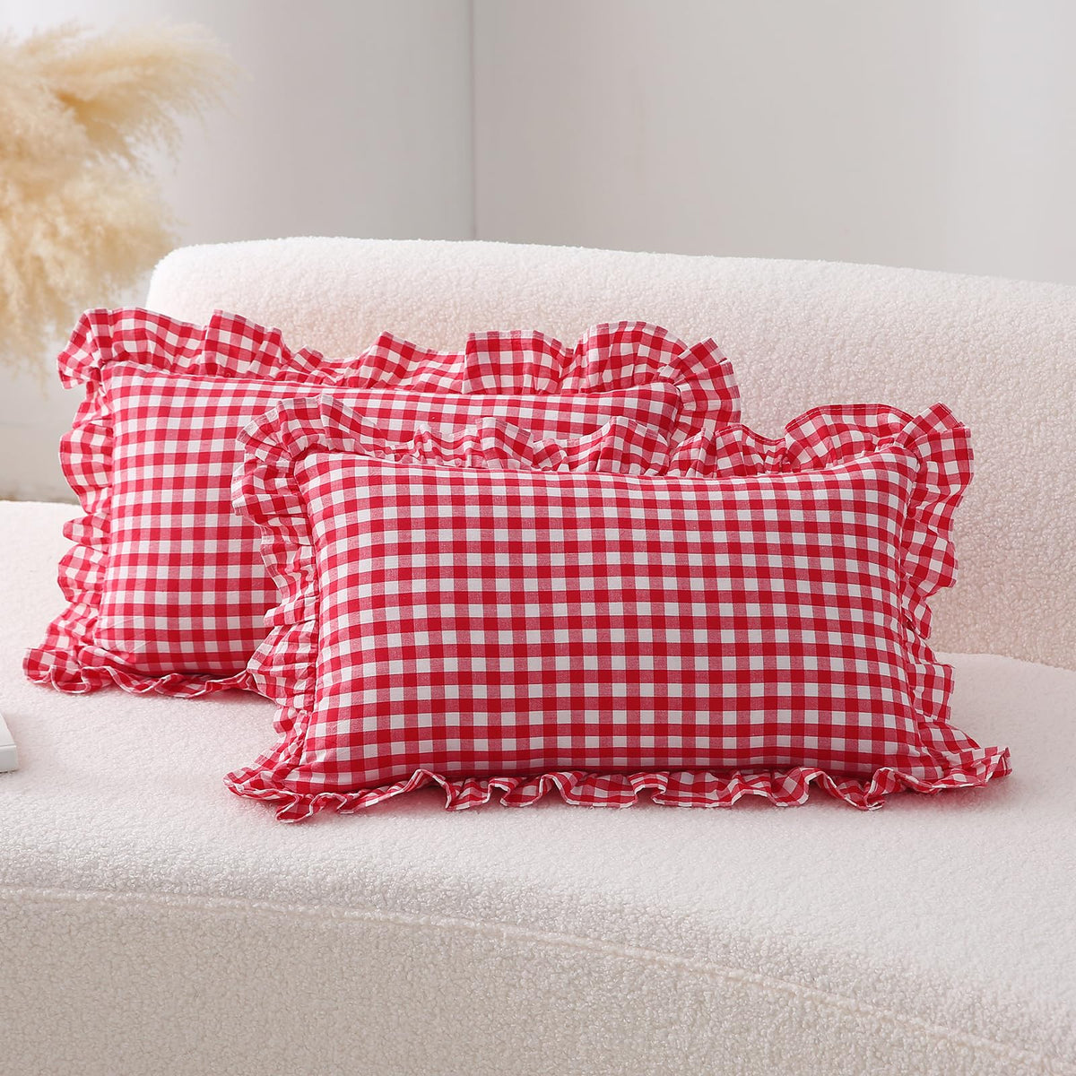 2 Pack Taupe White Gingham Ruffle Throw Pillow Covers 18''x18''