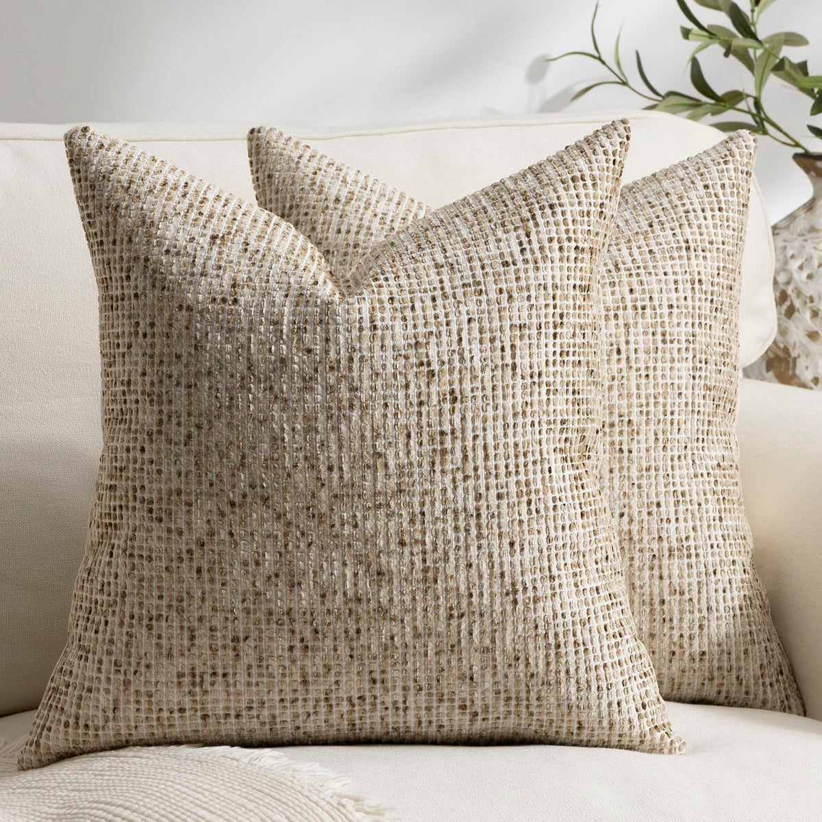 Pack of 2 Neutral Throw Pillow Covers 18x18 Boho Textured Dots Stripe Chenille Square Decorative Pillow Cases Accents for Living Room Couch Bed Farmhouse Home Decor, Taupe