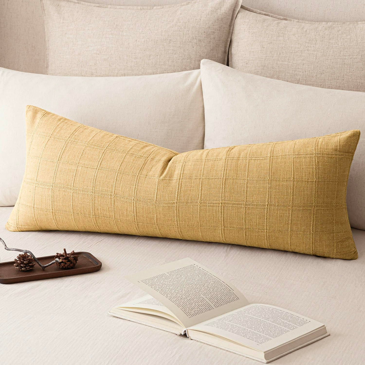 Foindtower Set of 1 Decorative Linen Check Throw Pillow Cover Neutral Farmhouse Lumbar Cushion Cover Modern Boho Home Decor for Sofa Chair Couch Bedroom Living Room,12×20 Inch,Olive Green