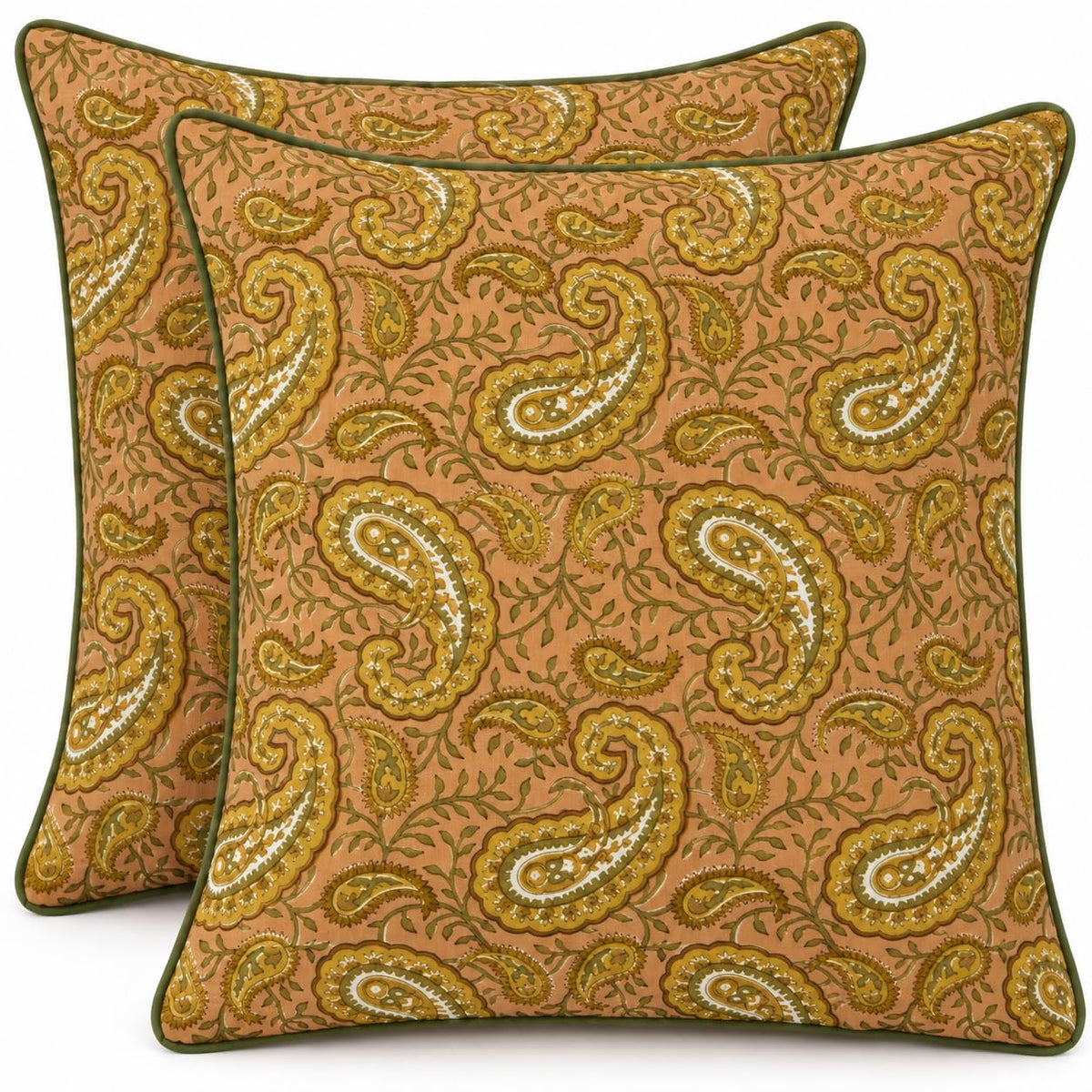 Ridhi Asparagus Green Block Print Cotton Pillow Cover 16x16 Inch Set of 2