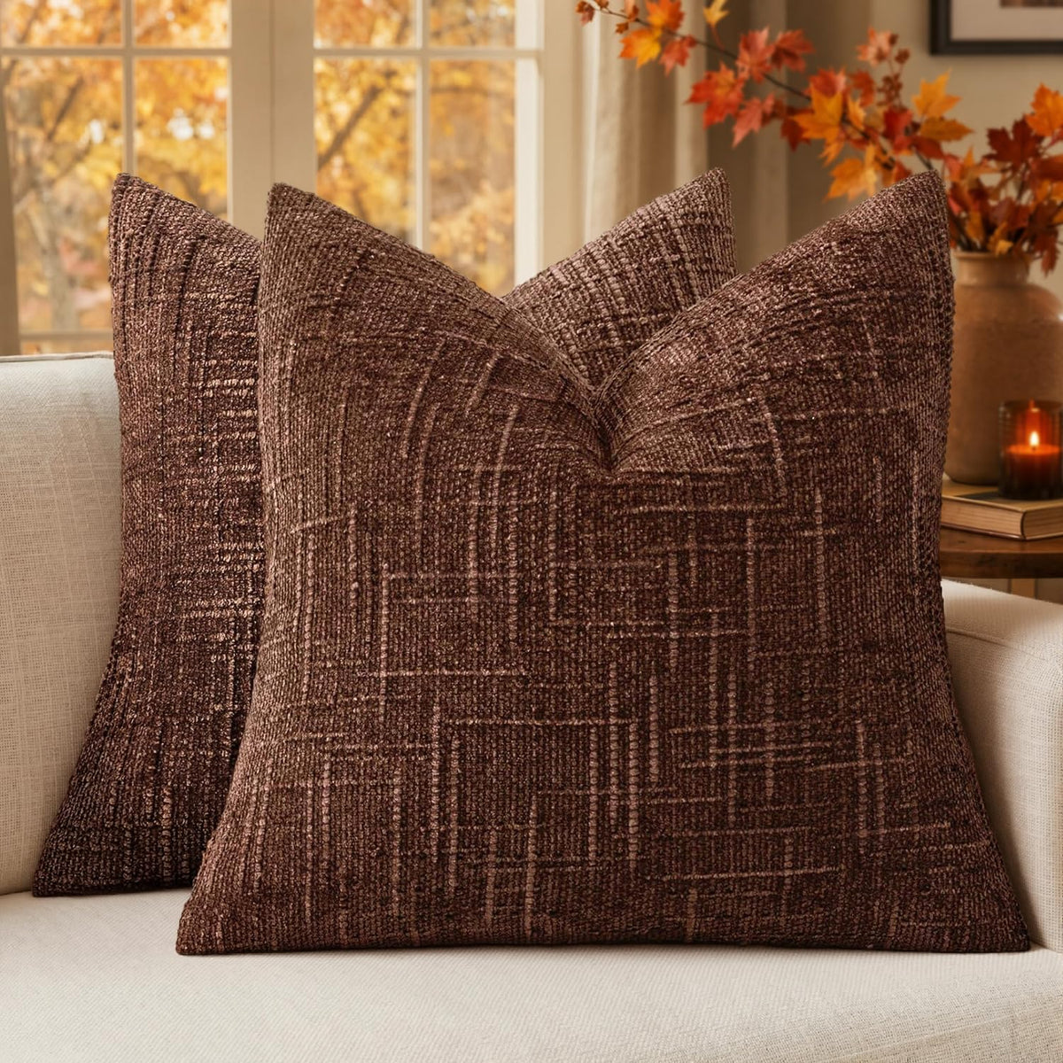 MIULEE Chenille Textured Throw Pillow Covers Cream White 18x18 Set of 2
