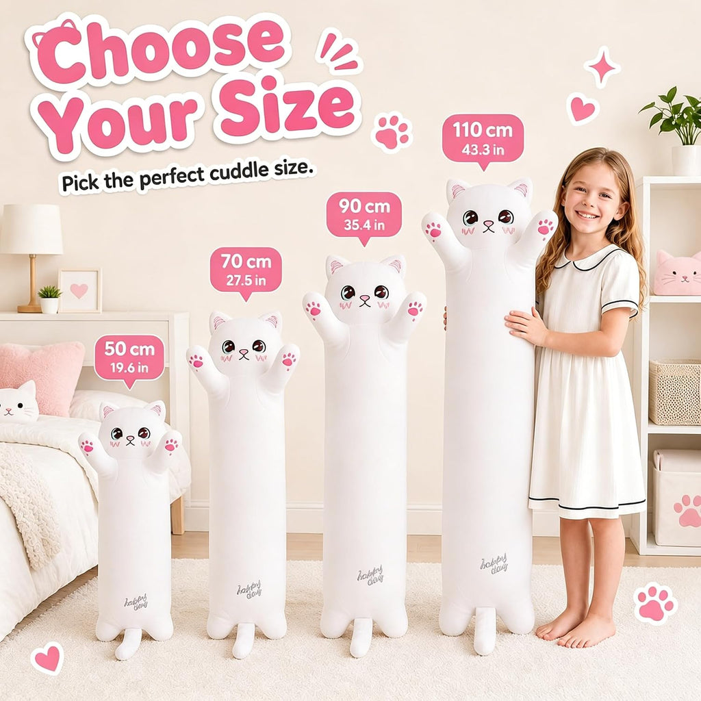 Cat Soft Plush Pillow Cute Cat Plush, Long Stuffed Cat Toy Kitten Gift for Kids Girlfriend(50CM,White)