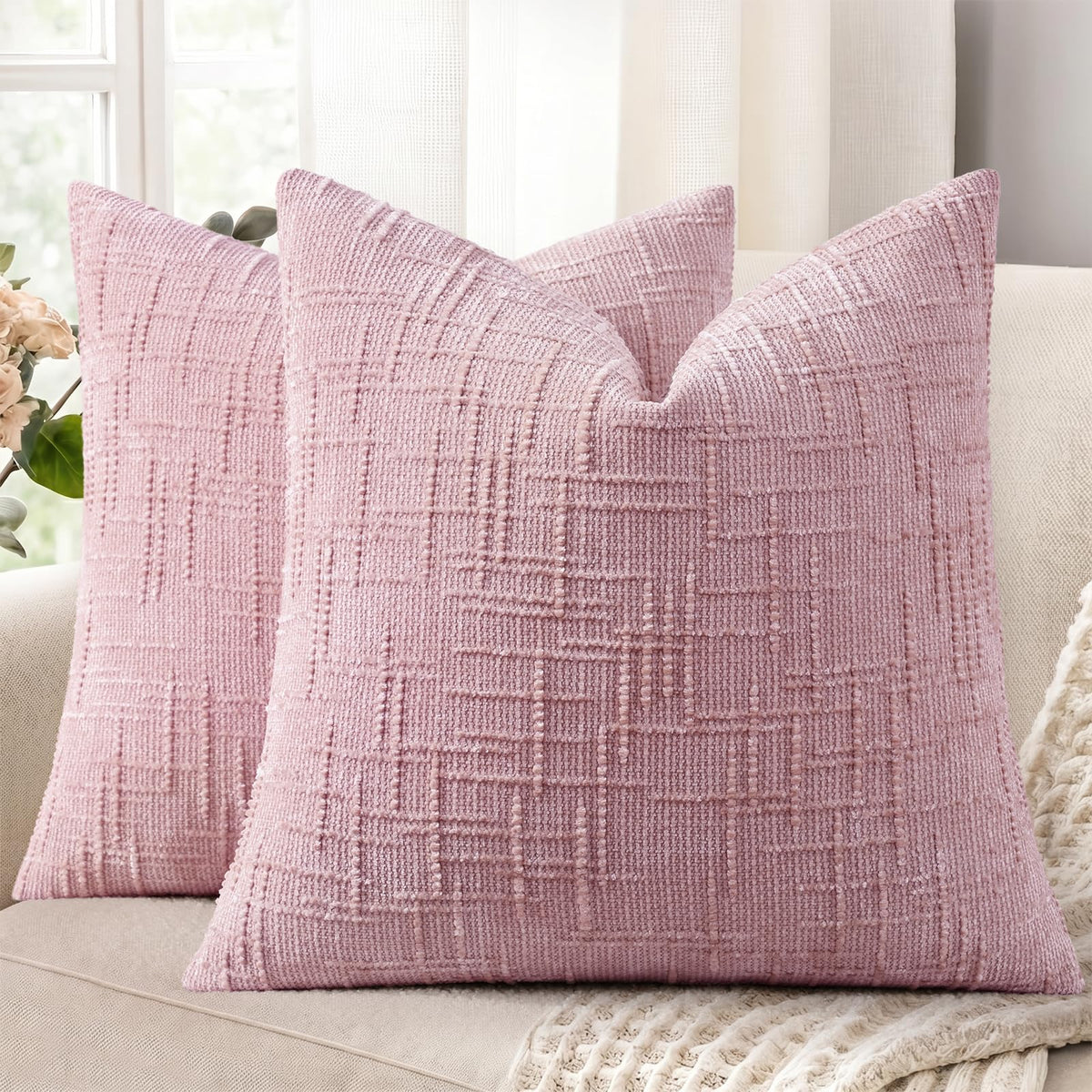 decorUhome Textured Chenille Throw Pillow Covers 18x18 Set of 2 Ivory