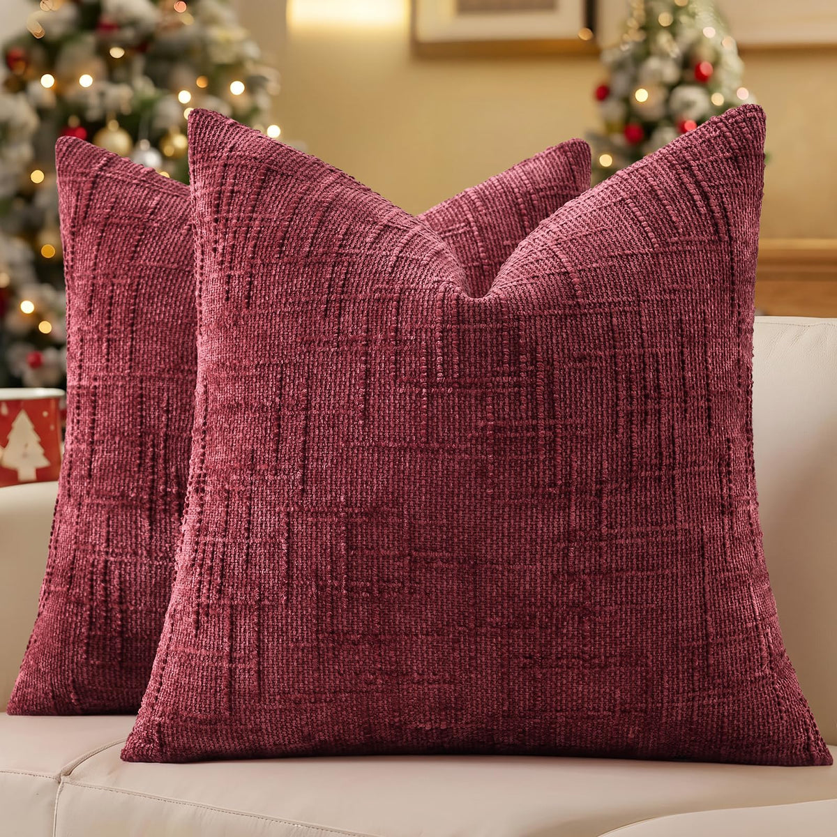 decorUhome Textured Chenille Throw Pillow Covers 18x18 Set of 2 Ivory