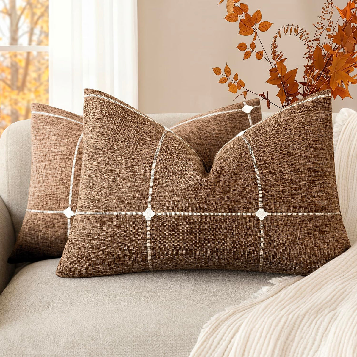 Foindtower Pack of 2 Decorative Faux Linen Jacquard Check Throw Pillow Covers Farmhouse Cushion Cover with Grid Textured Accent Pillowcase for Couch Sofa Living Room Home Decor,20×20 Inch,Oatmeal