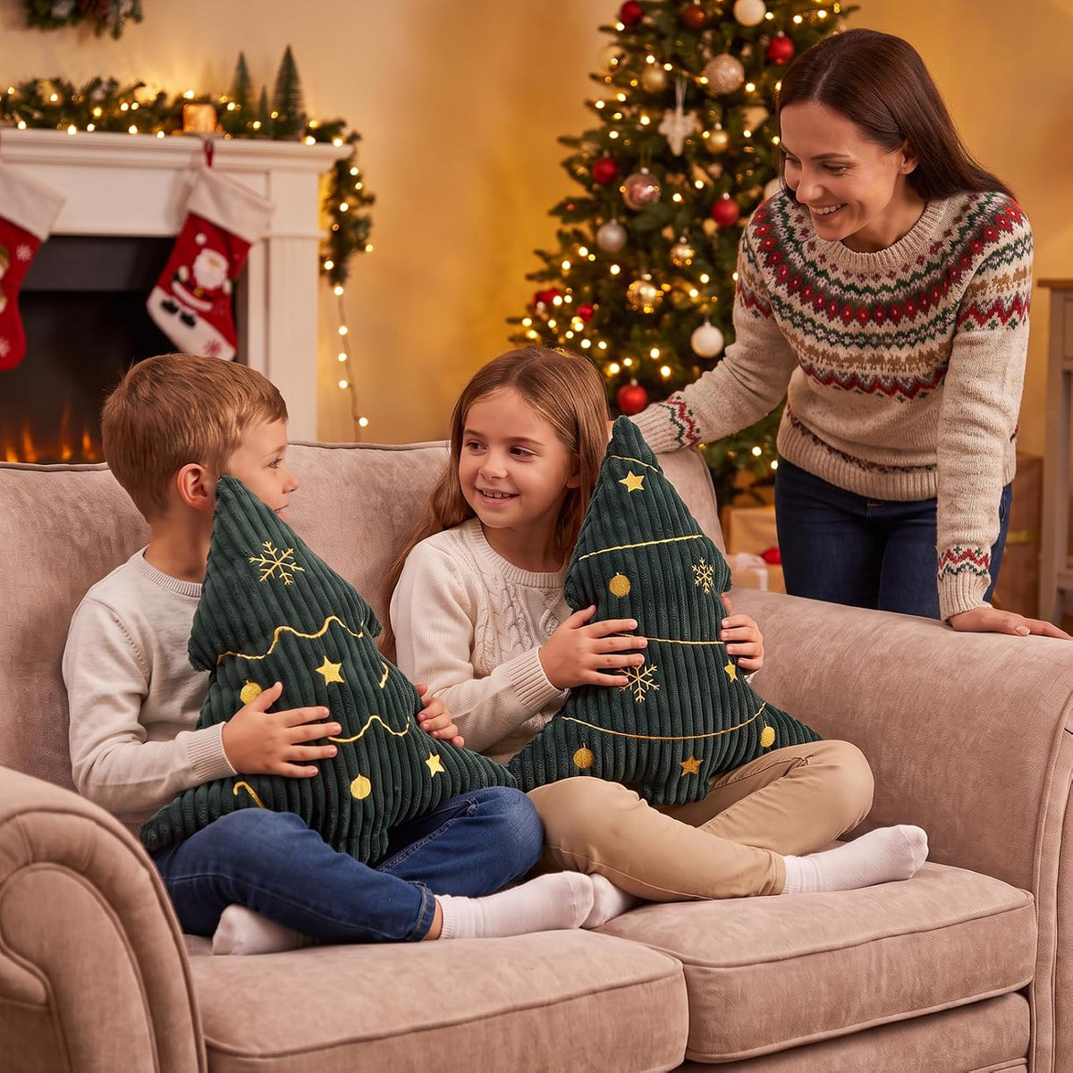 Soft Corduroy Embroidered Christmas Tree Pillows Set of 2 Green 14x16 Inch