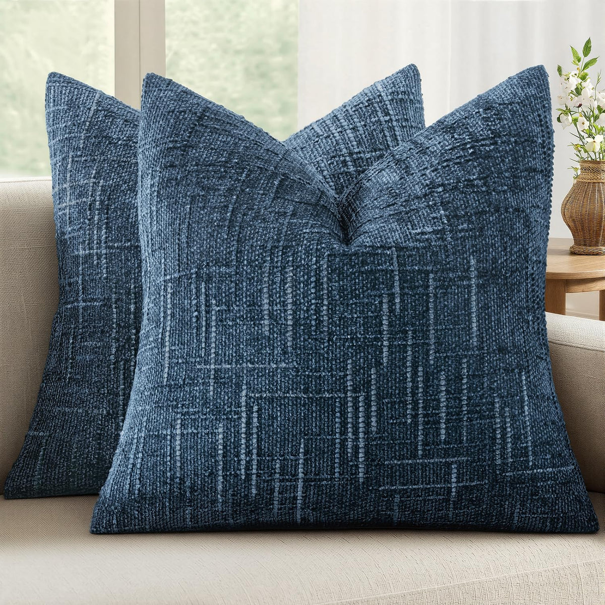 MIULEE Chenille Textured Throw Pillow Covers Cream White 18x18 Set of 2