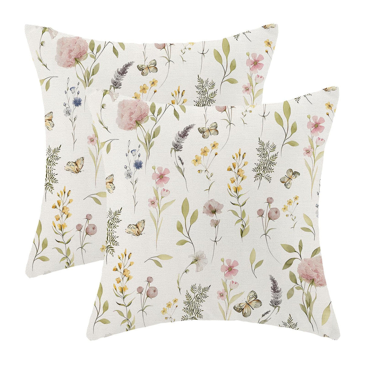 AEIOAE Spring Pillow Covers 18x18 Inch Set of 2,Blue Teal Wild Flower Plant Throw Pillows Case,Seasonal Floral Outdoor Decorative Square Linen Farmhouse Decor Cushion Covers for Home Sofa Bed Couch