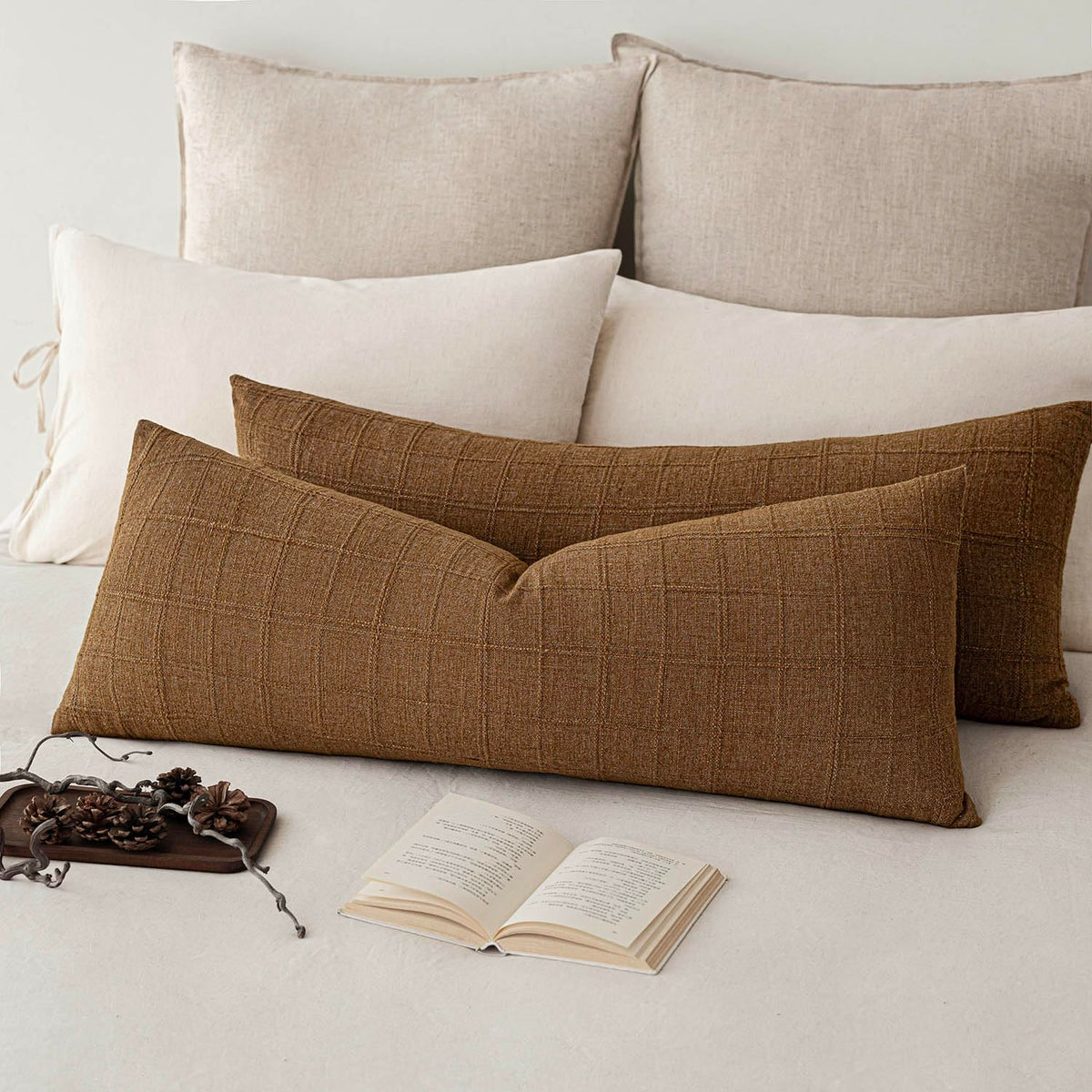 Foindtower Linen Check Decorative Throw Pillow Covers 18×18 Natural Beige