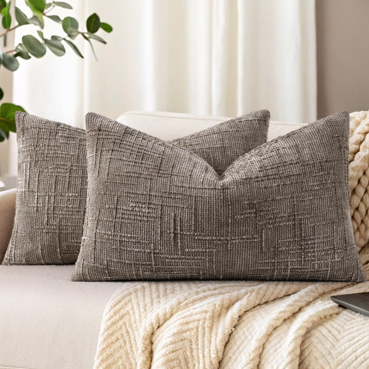 decorUhome Textured Chenille Throw Pillow Covers 18x18 Set of 2 Ivory