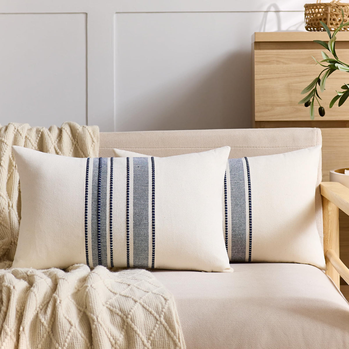 KINDREX Striped Linen Decorative Throw Pillow Covers 18x18 Navy Blue