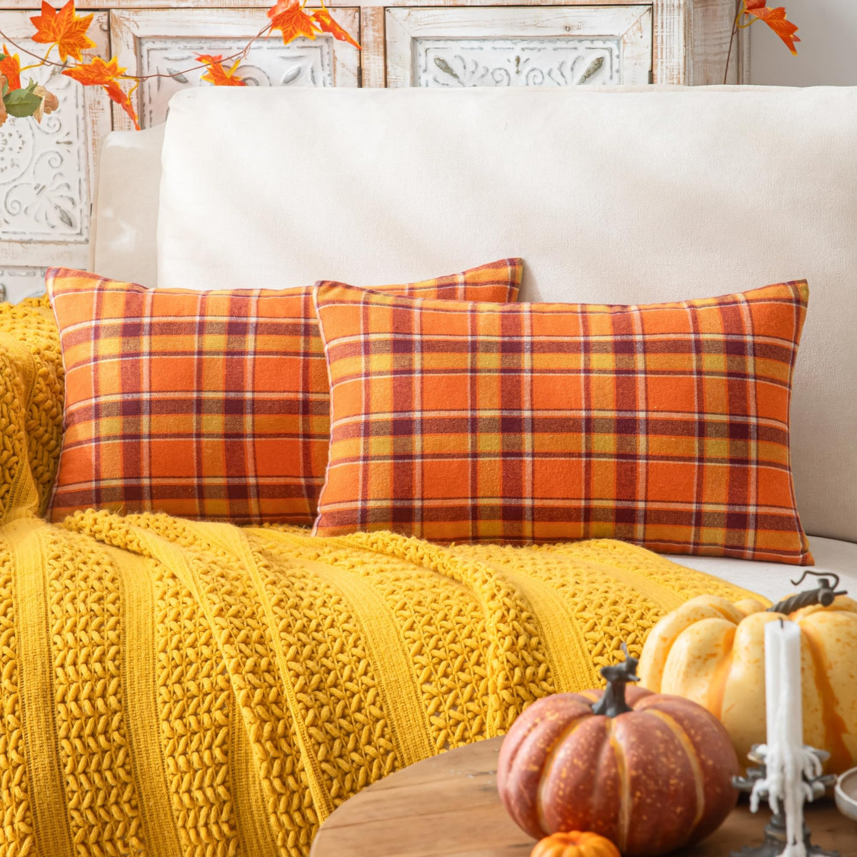 AQOTHES Fall Plaid Orange Throw Pillow Covers 18x18 Inch Set of 2